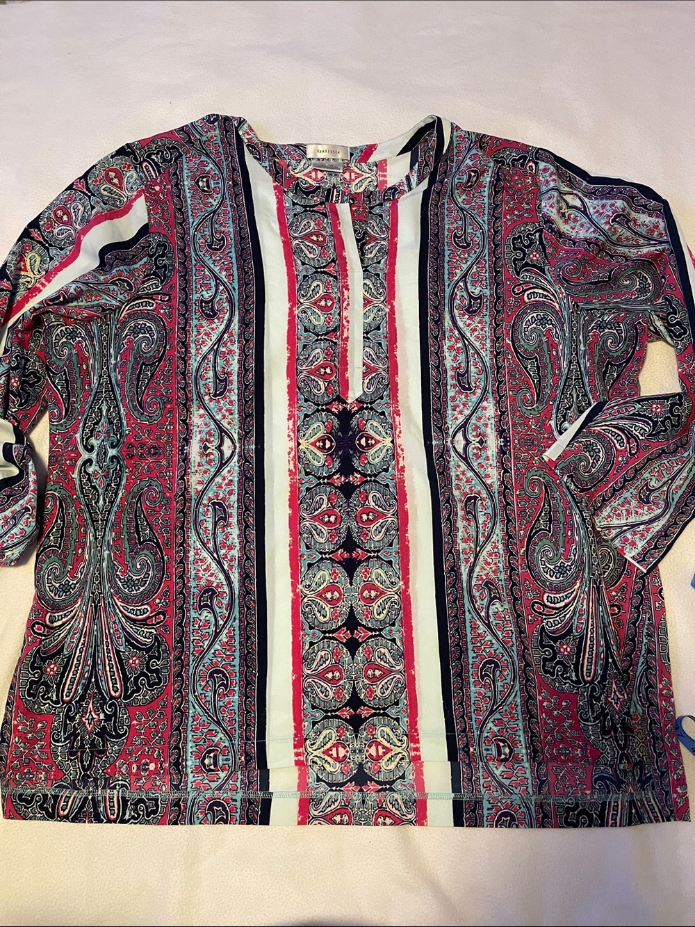 Van Heusen Paisley Stripe Blouse in Teal, Coral & Black